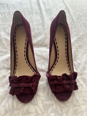 Enzo Angiolini Wine Suede Peep-Toe Heels with Ruffle Bow